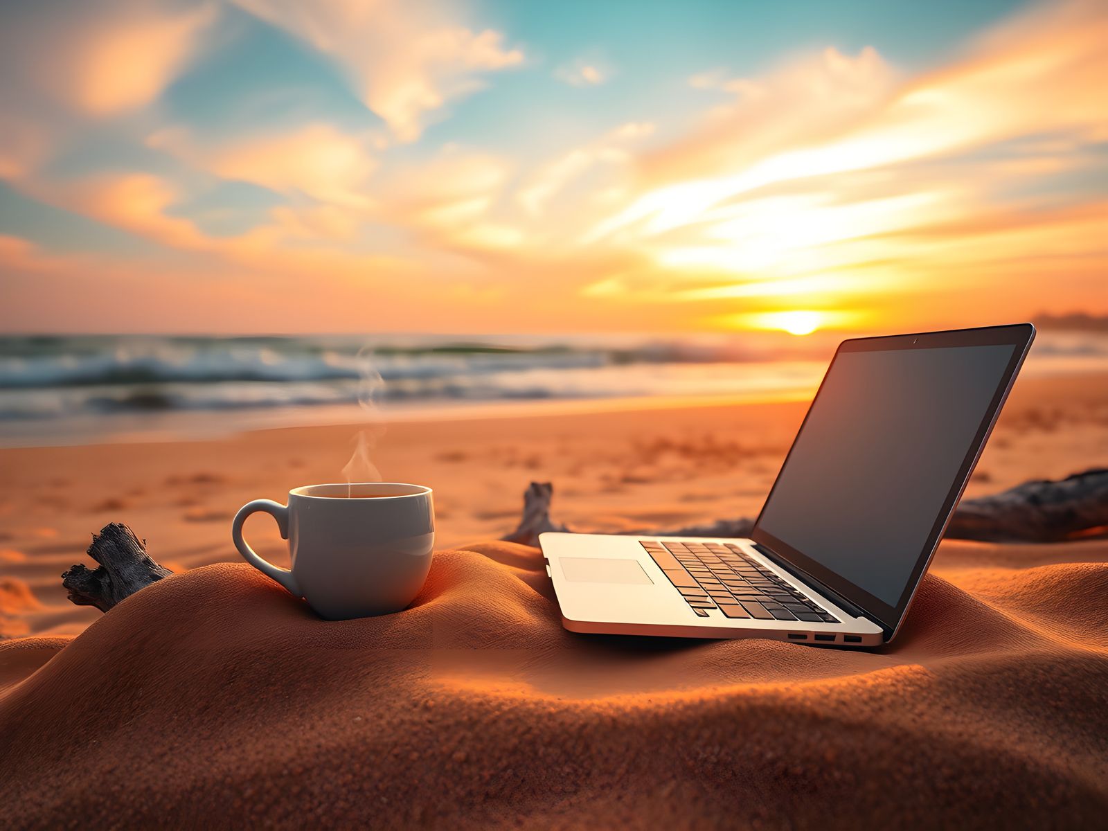 Beach Business Concept: Coffee Cup and Laptop