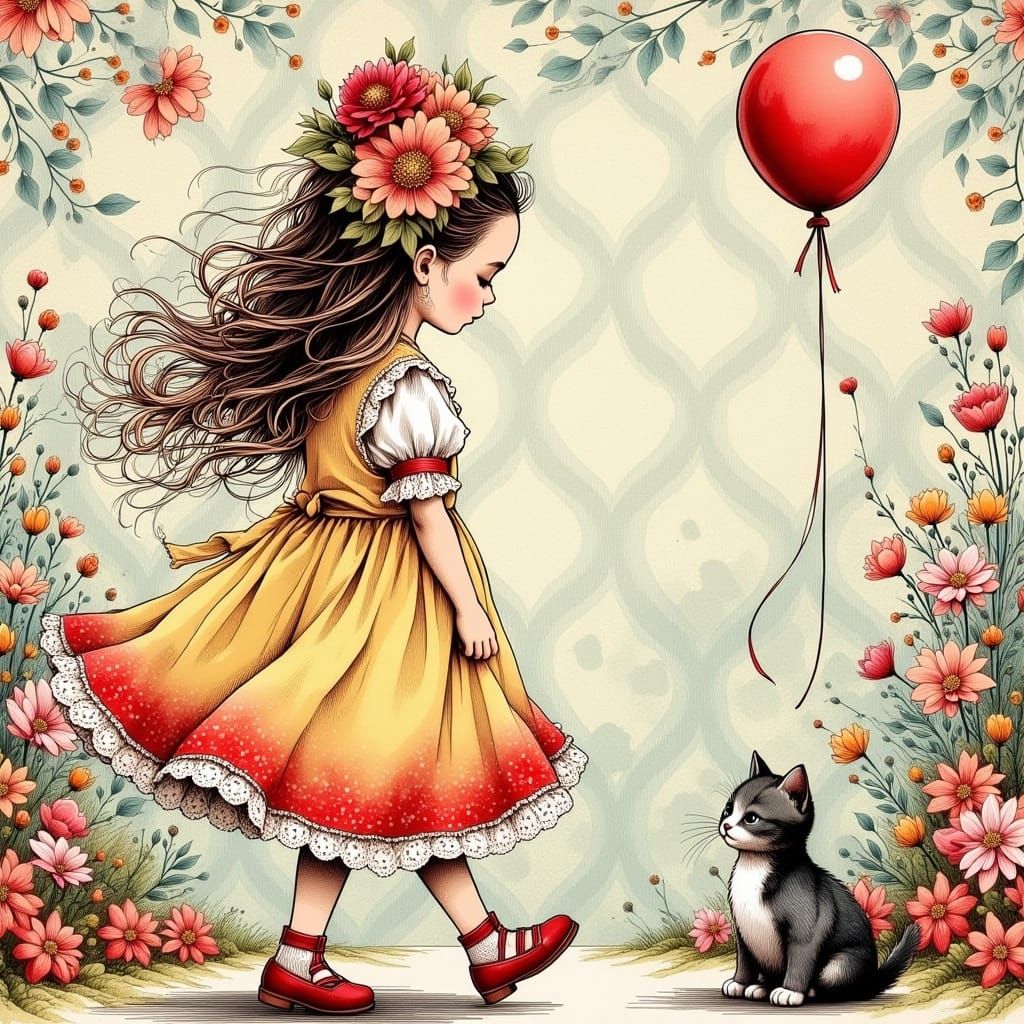 Whimsical Girl and Cat in Enchanted Floral Landscape