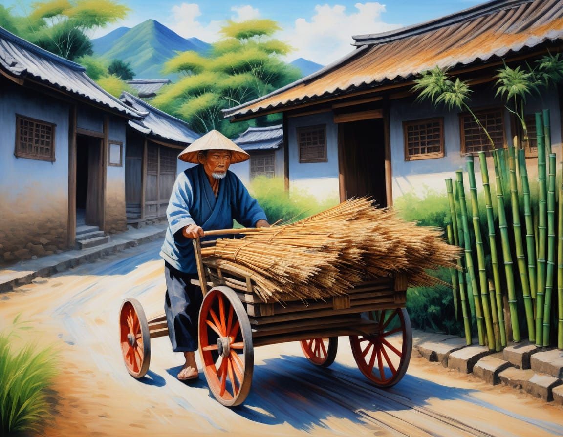 Traditional Japanese Village Scene in Impasto Oil Paint