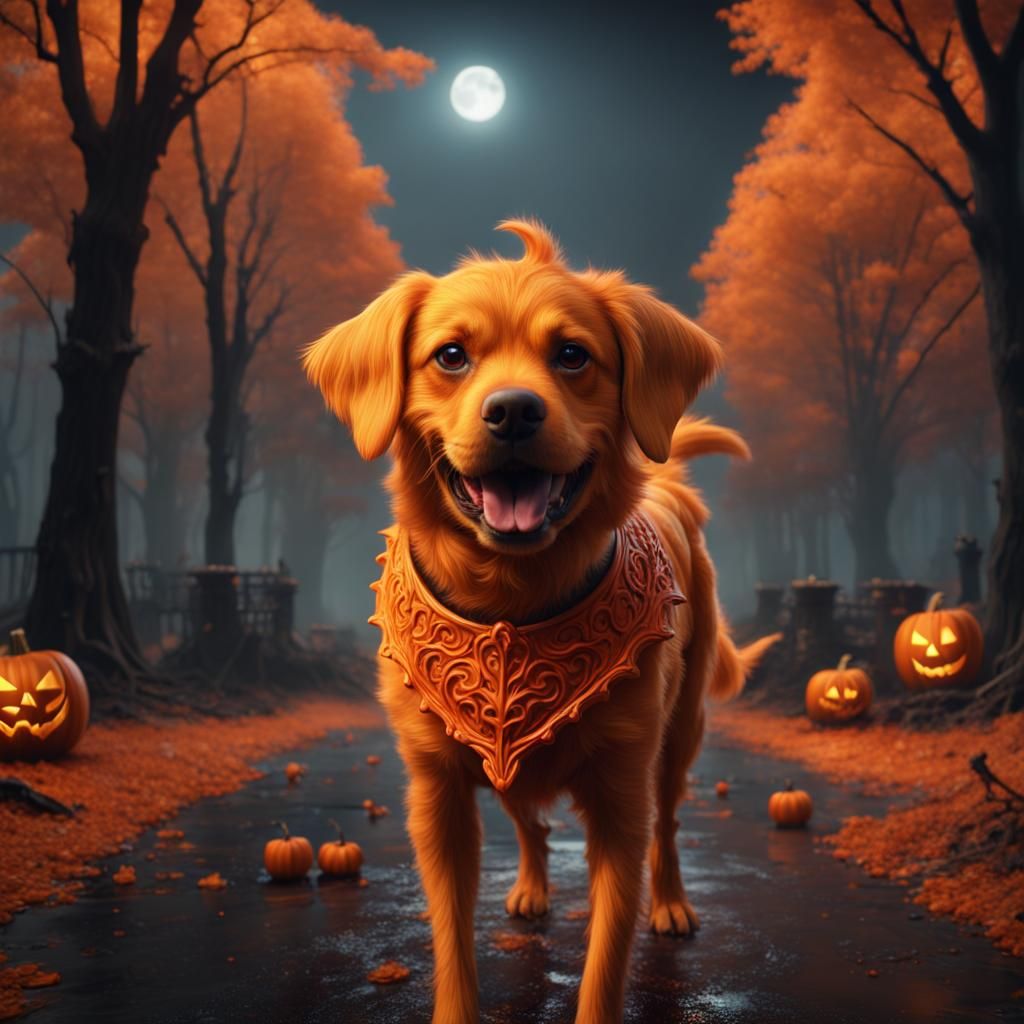 Halloween Orange Dog in Detailed Matte Painting