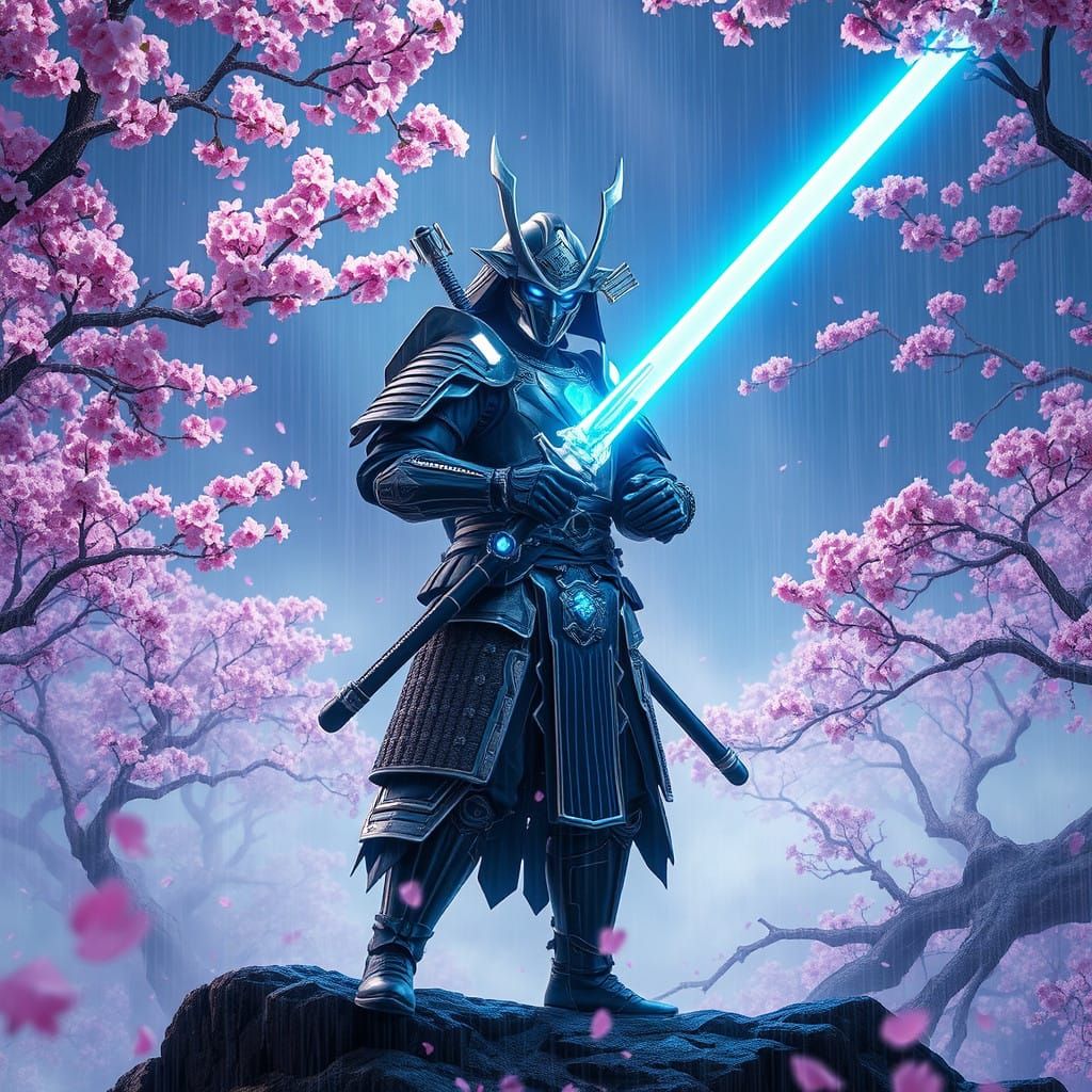 Glowing Samurai in Cherry Blossom Forest Under Neon Rainstor...