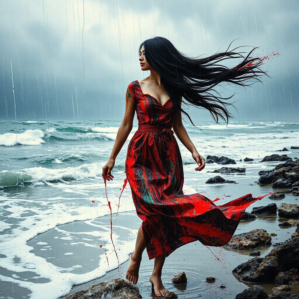 Expressionist Female Figure Dancing in the Rain on a Beach