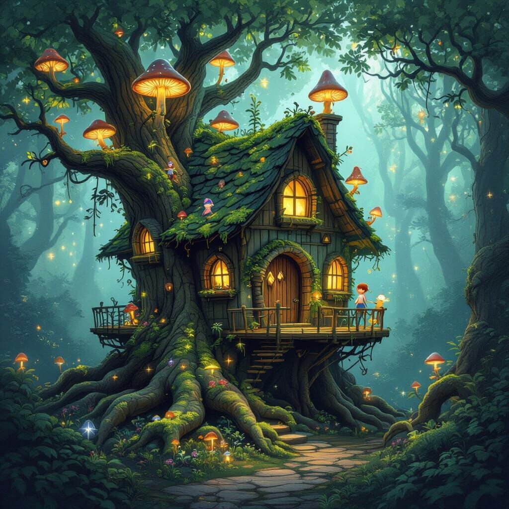 Whimsical Treehouse in Bioluminescent Forest