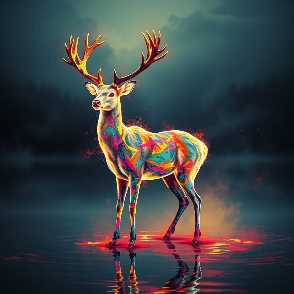 Luminous Deer Spirit in Polychromatic Graffiti Art