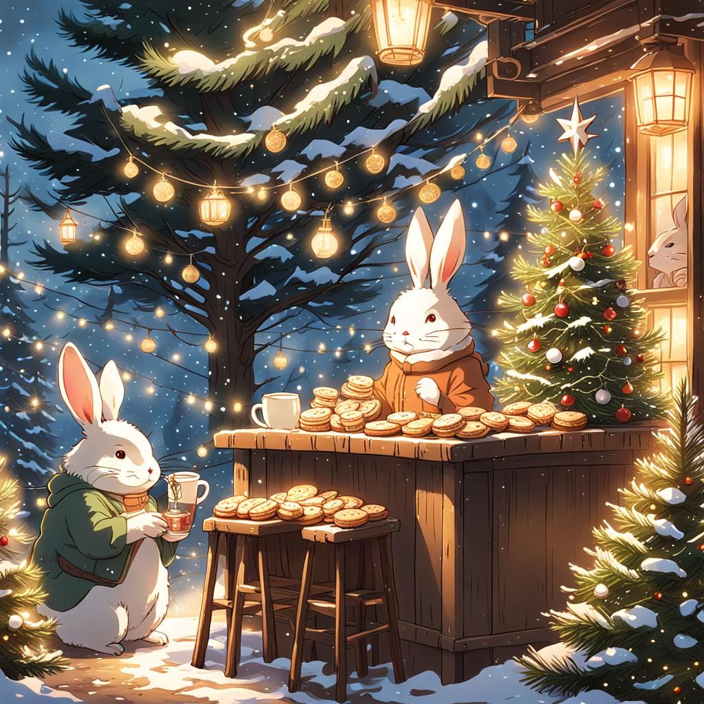 Cozy Rabbit Family Holiday Scene in Ghibli Style
