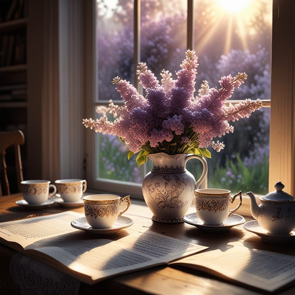 Cozy Watercolor Scene with Lilac Flowers and Tea
