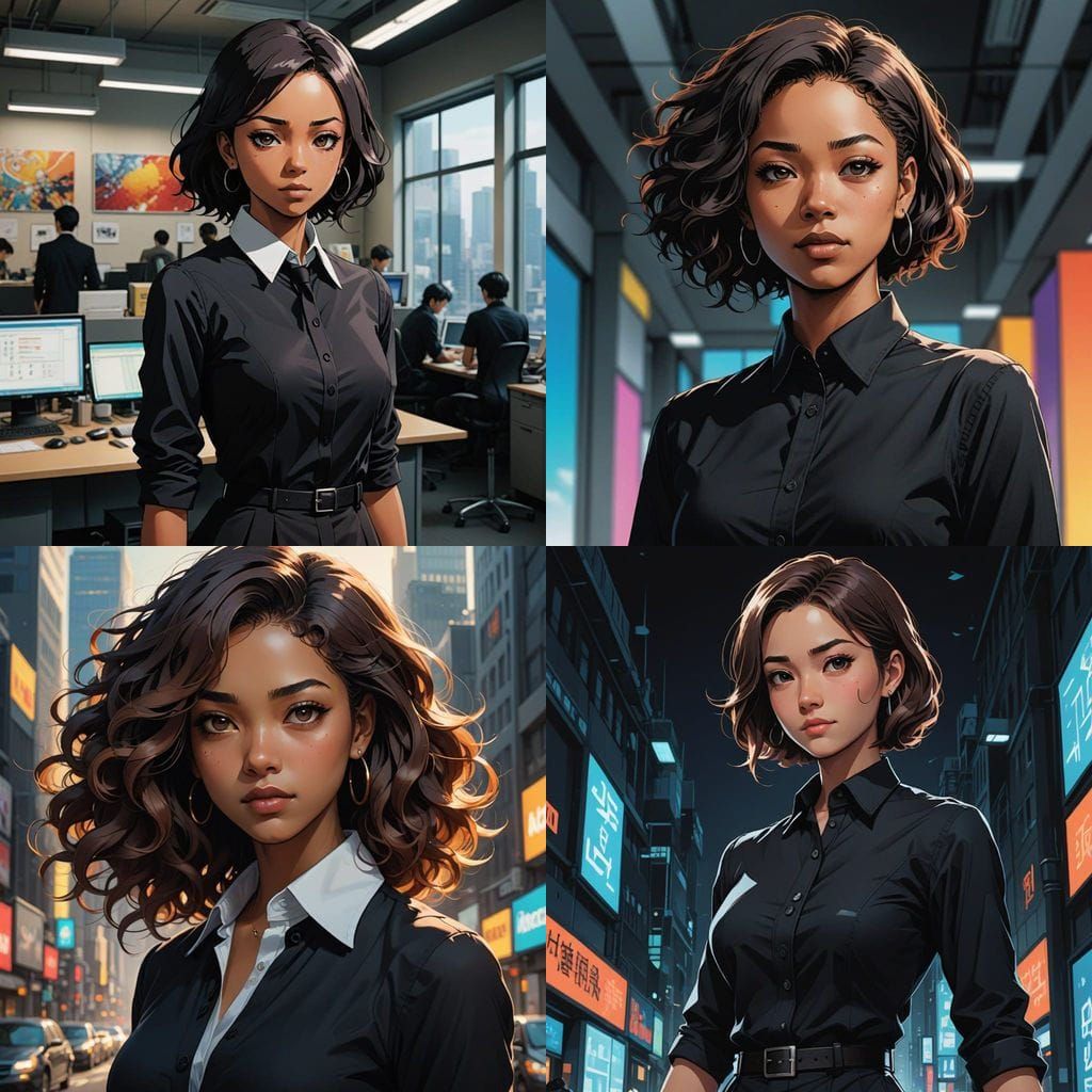 Anime-Inspired Portrait of a Young Mulatto Woman in a Black....