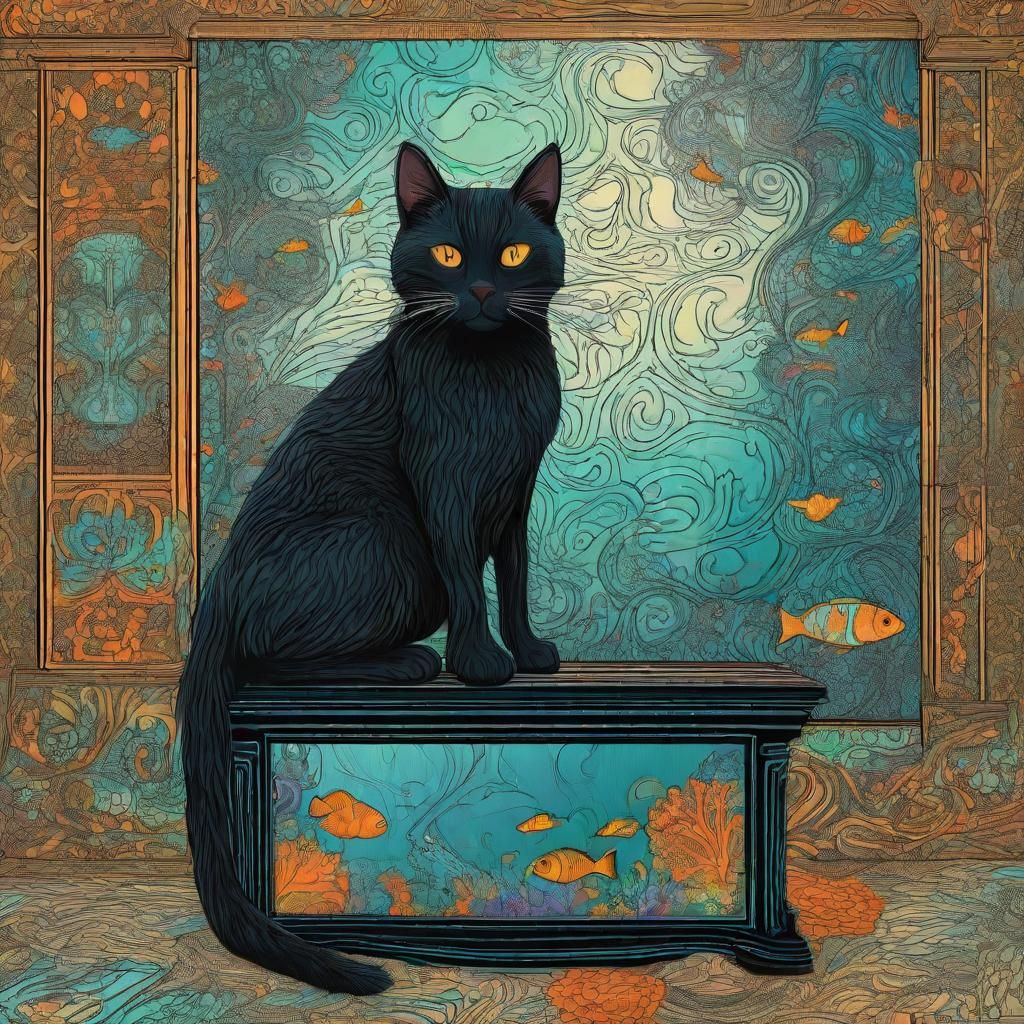 Black Cat and Aquarium in Fantasy Digital Art