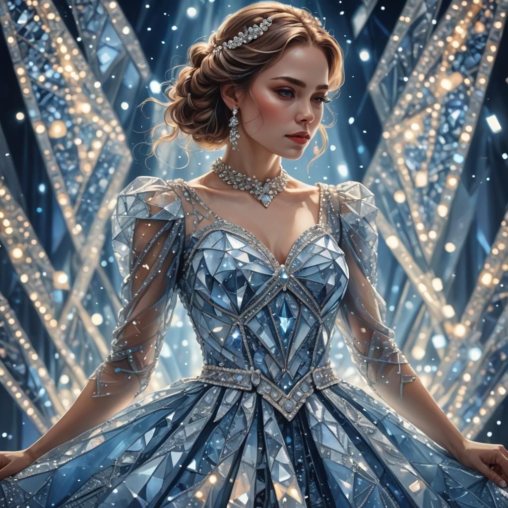 A woman in a dress made out of diamond. Very detailed. Detai...