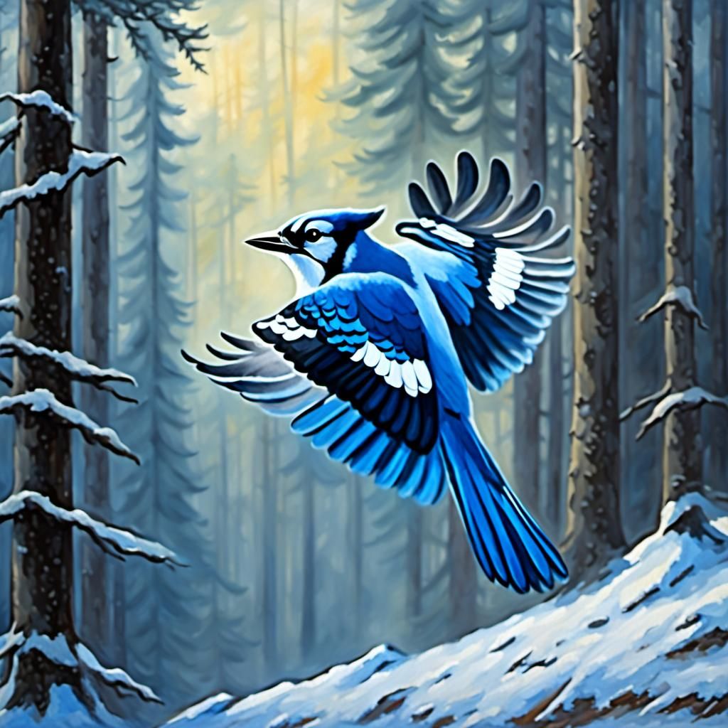 Blue Jay in Flight: Oil Painting