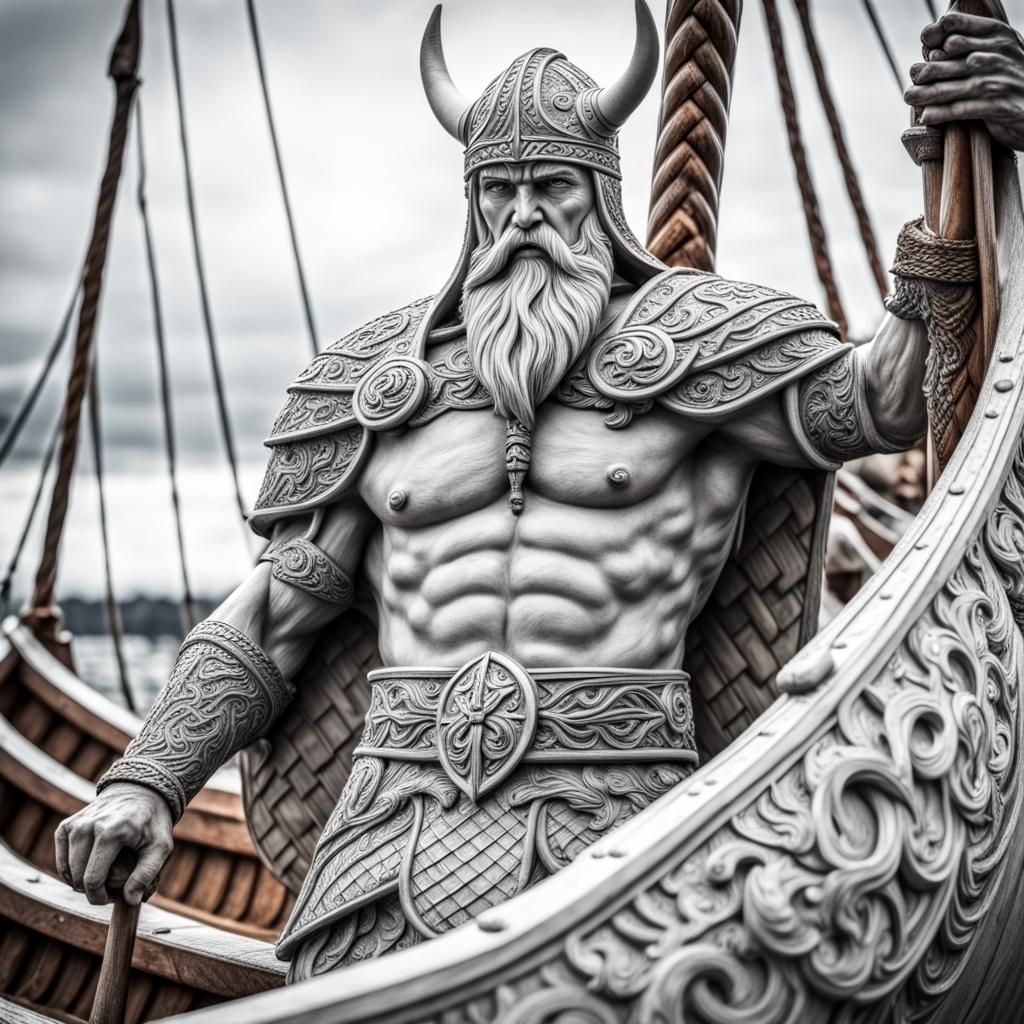 Hyperrealistic Viking Warrior Sculpture on Boat