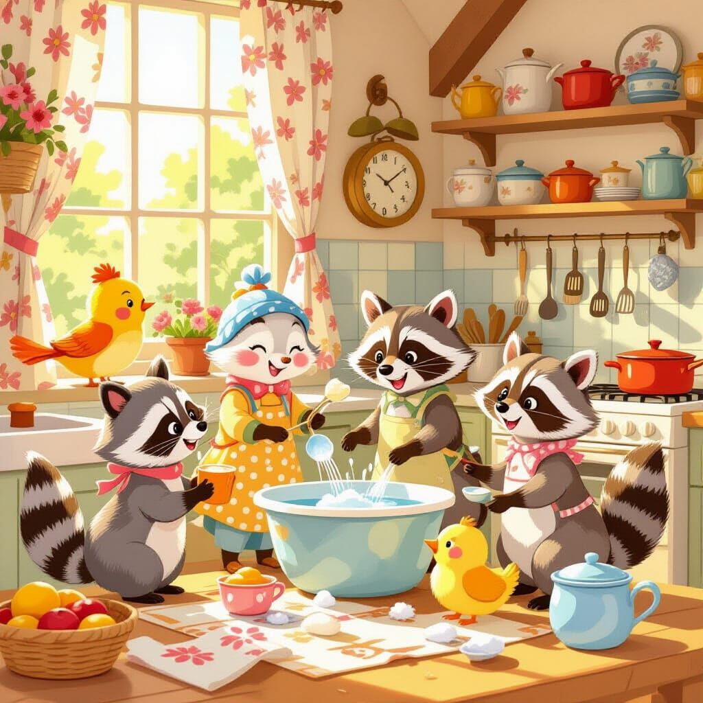 Whimsical Animals Doing Kitchen Chores in Storybook Style