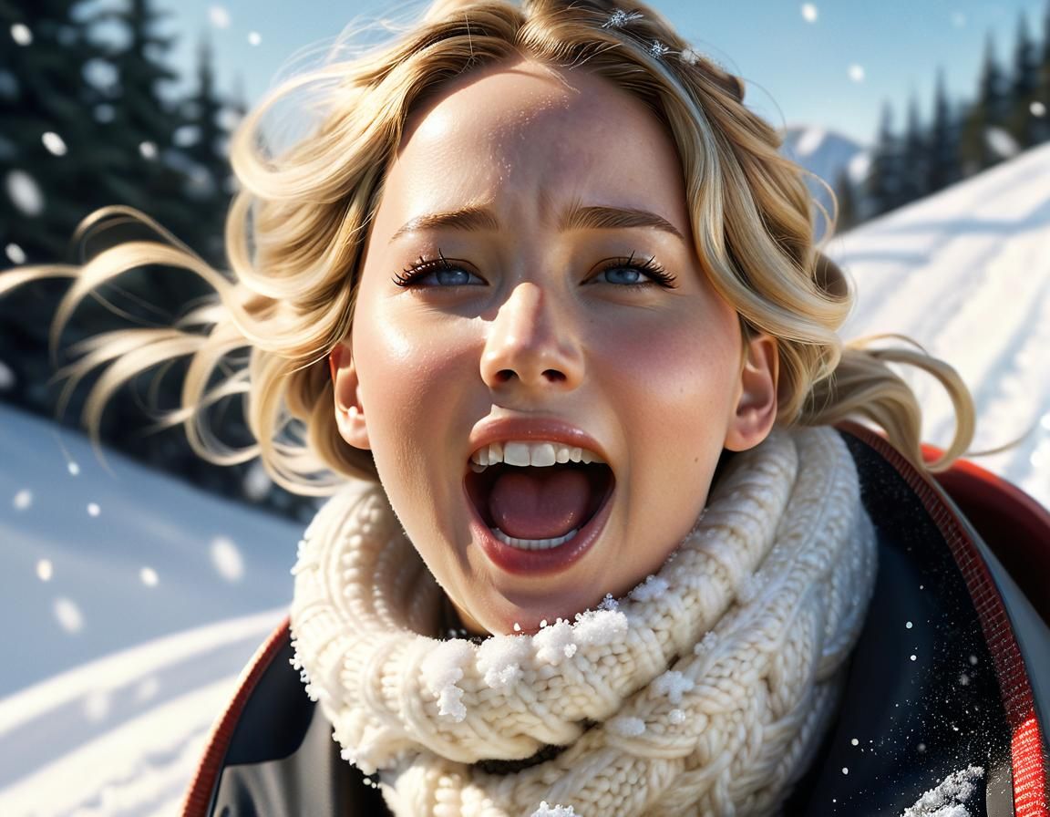 Jennifer Lawrence Sledding, Hyperrealistic Winter Scene