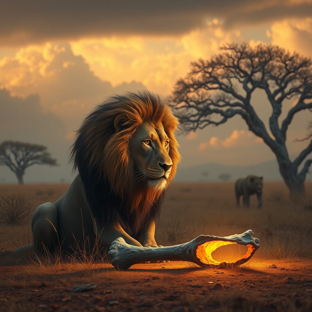 Regal Lion Ponders Ancient Relic in Eerie Savannah Landscape