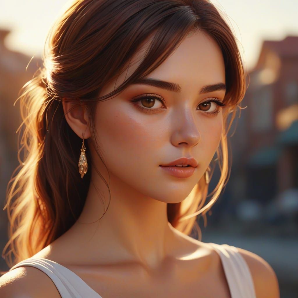 Elegant Tanned Beauty in Vibrant Oil Painting Style