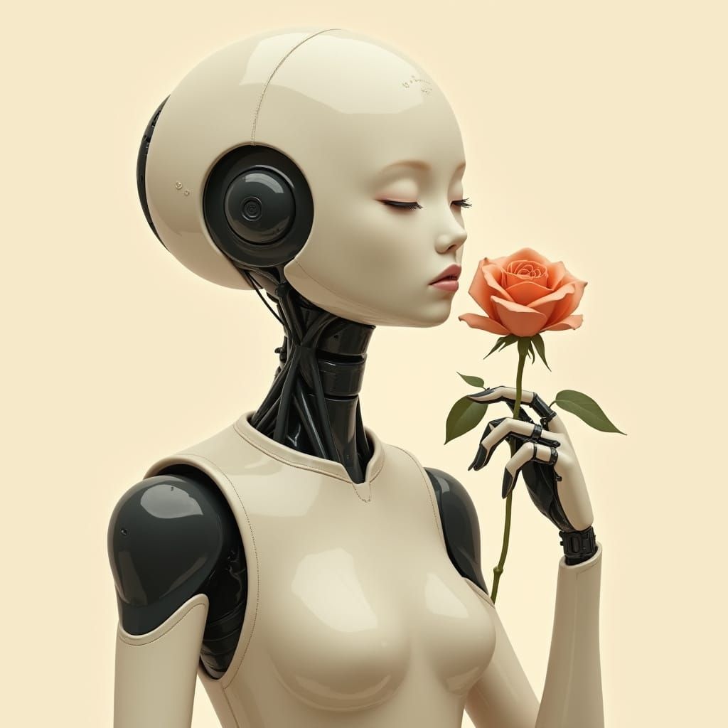 Serene Robot Smells Rose in Minimalist Style