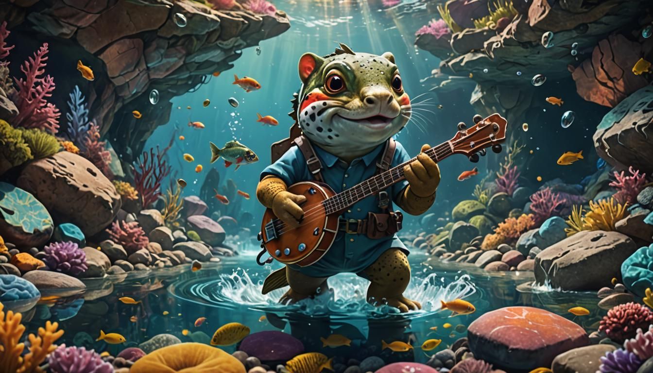 Underwater Trout Plays Banjo: Detailed Fantasy Art