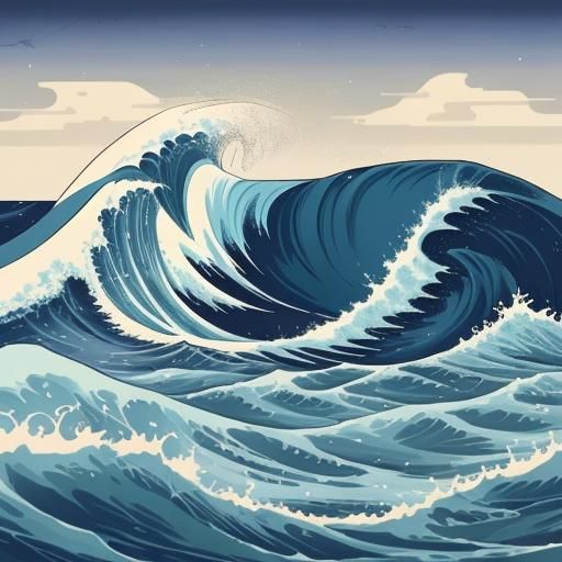 Tsunami Waves in Hokusai Ukiyo-e Style