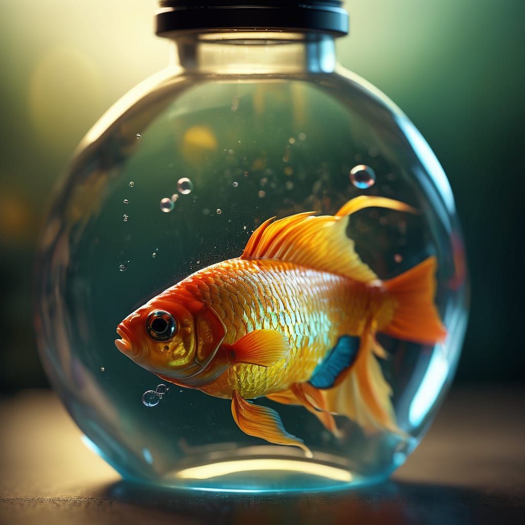 Hyperrealistic Fish in a Glass Bottle, Cinematic Studio Ligh...