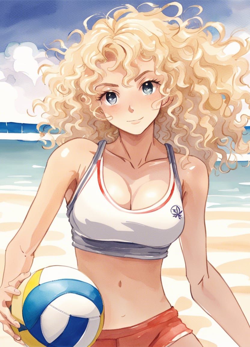 Watercolor Anime Girl Playing Beach Volleyball