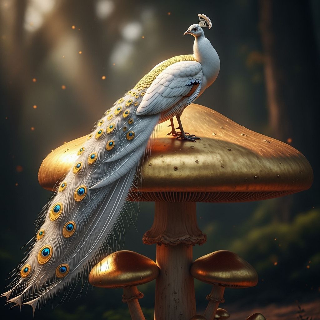 Golden Mushroom Perch: A White and Gold Peacock