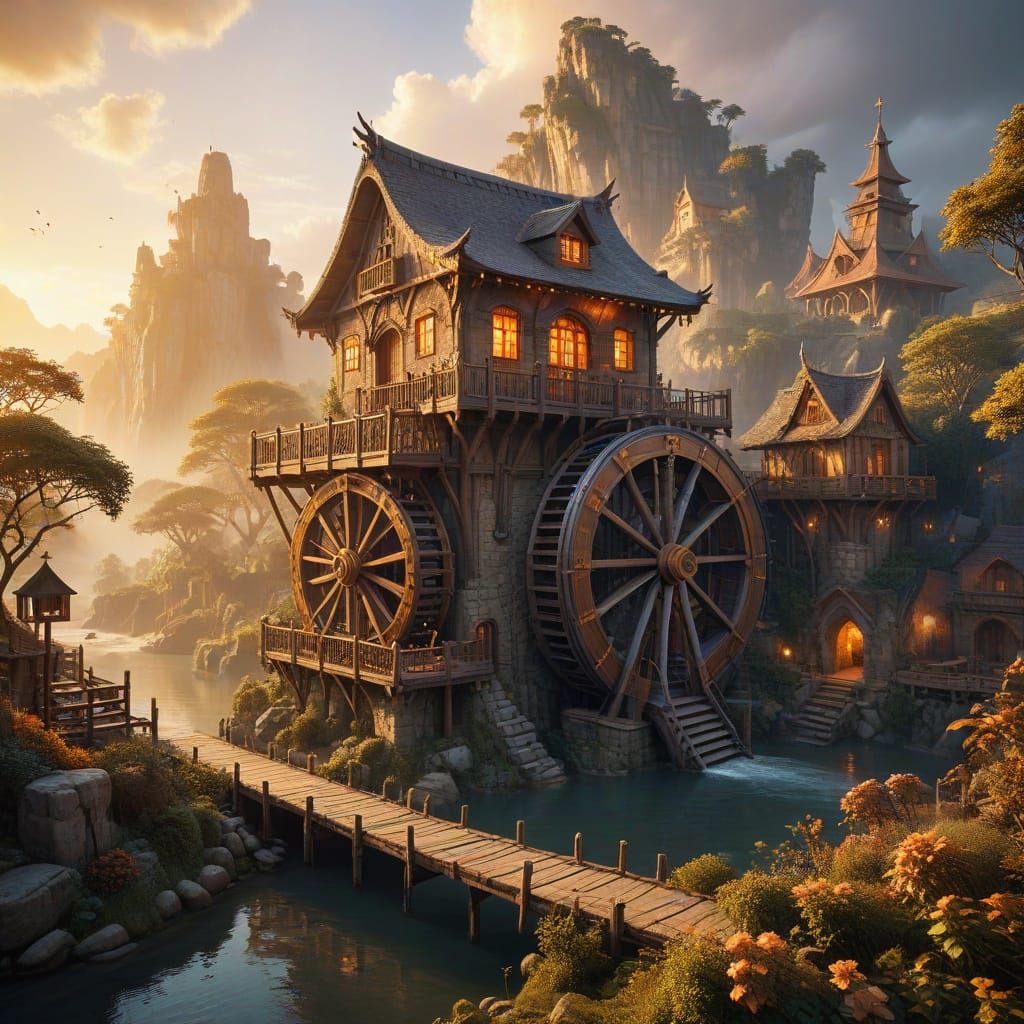 Ethereal Dawn on a Fantastical Floating Village