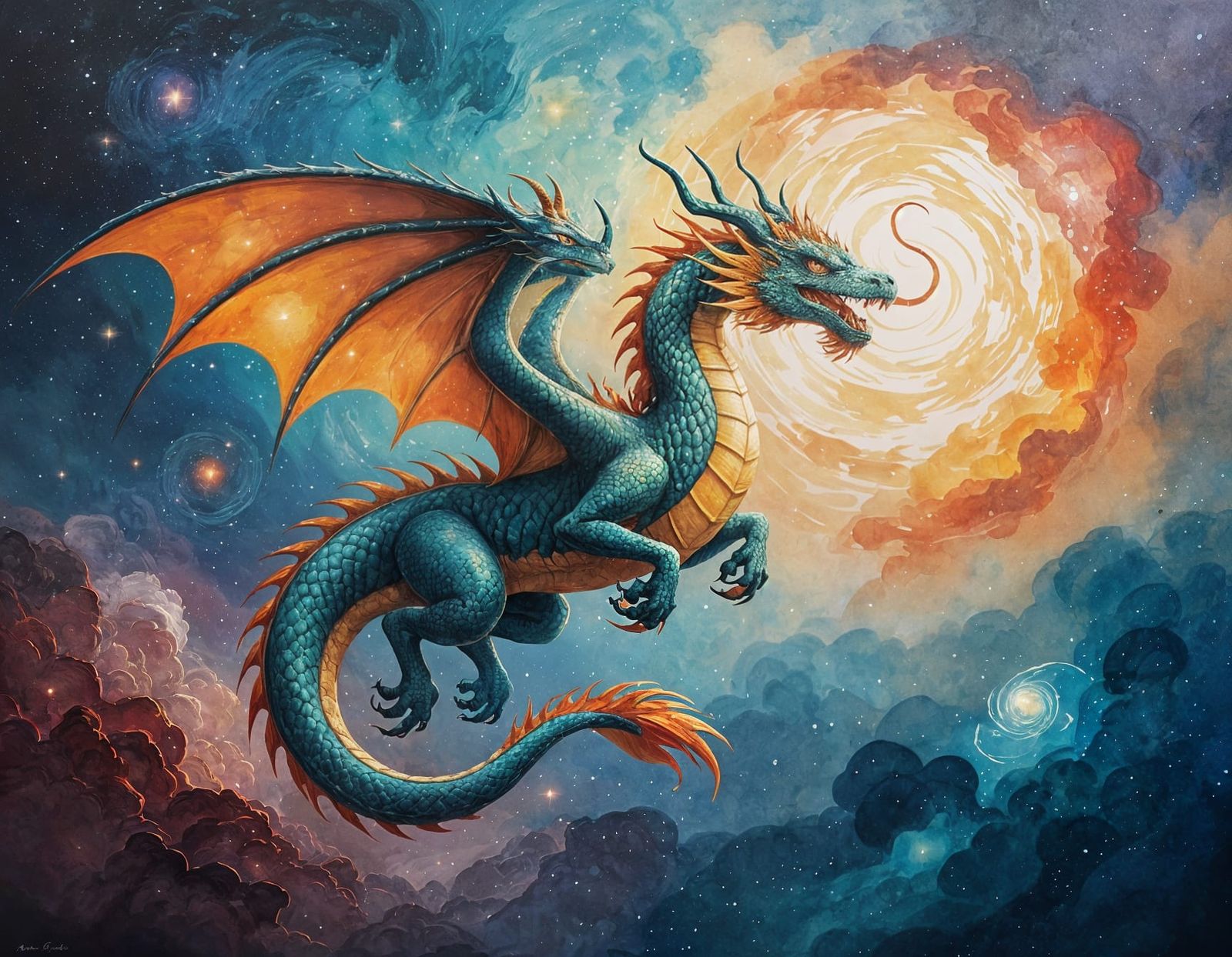 Majestic Dragon Soaring Through Nebulae in Bold Impasto Styl...