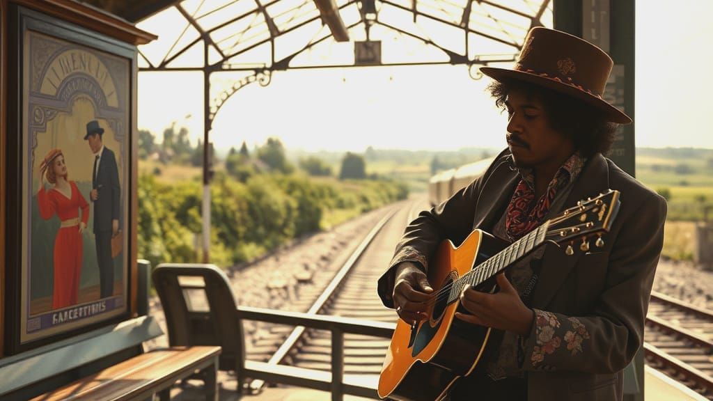 Jimi Hendrix Busking in Edwardian Station, Art Nouveau Style