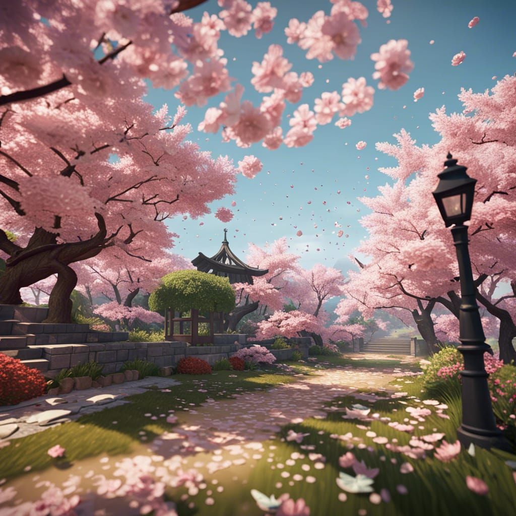 Cherry Blossom Garden in 3D Game Cinematic Style