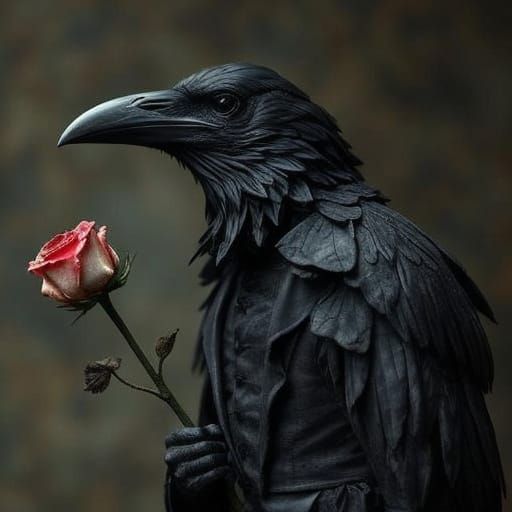 Gothic Raven in Victorian Attire with Withered Rose