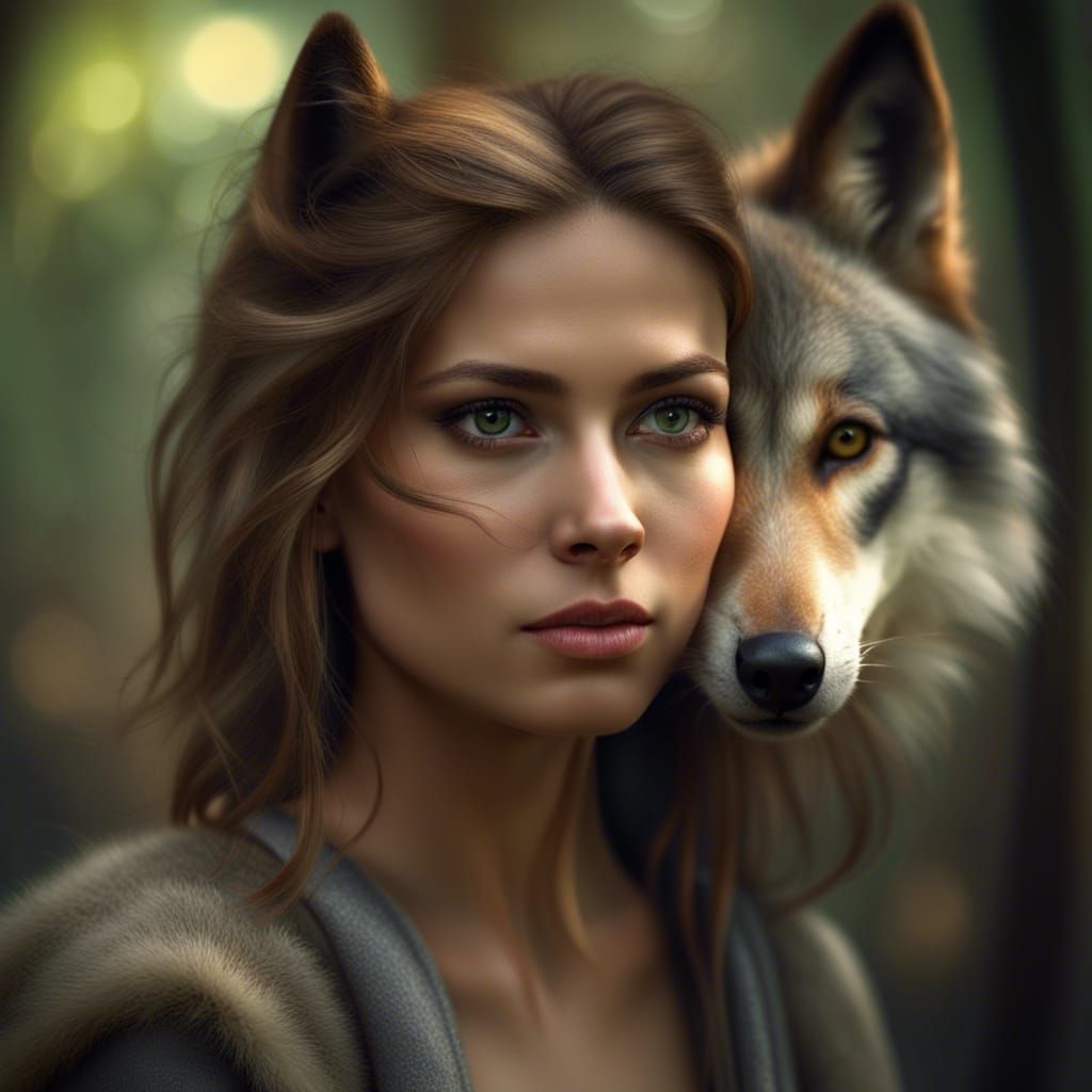 Woman Morphing Into Wolf in Woodland Setting