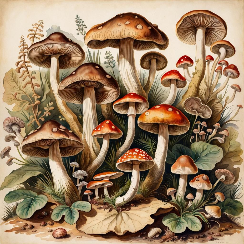 Vintage Botanical Mushroom Ink and Watercolor Illustration