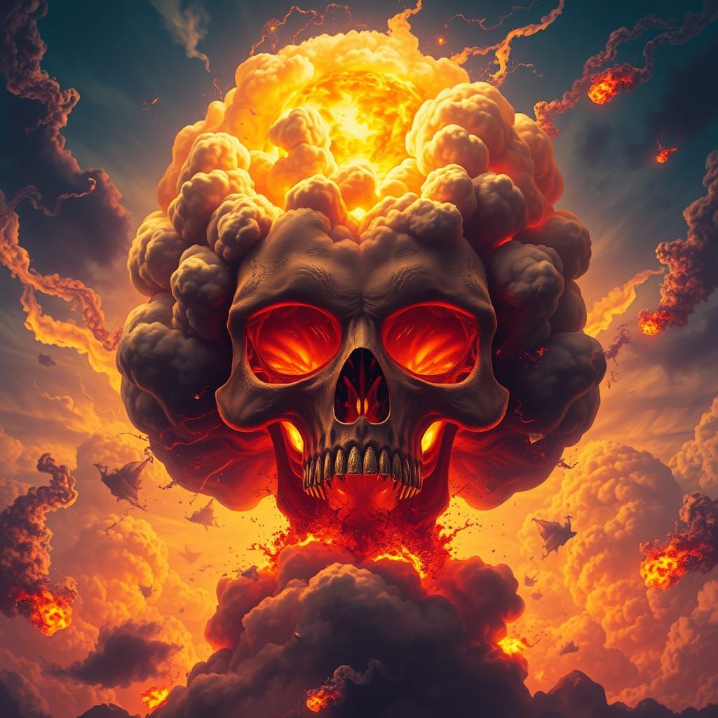 Dark Fantasy Skull Erupts from Mushroom Cloud