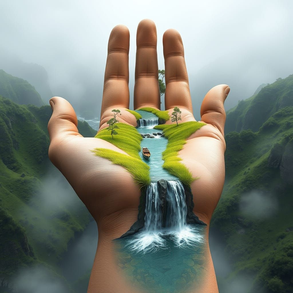 Surreal Landscape with Giant Hand Rising