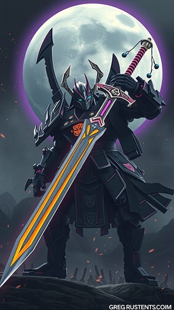 Epic Cyber Samurai Transformer Charging Forward in Dark Fant...