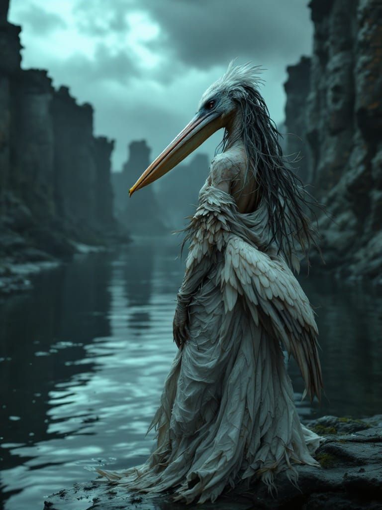 Mystical Pelican Goddess in Haunting Harbour Scene