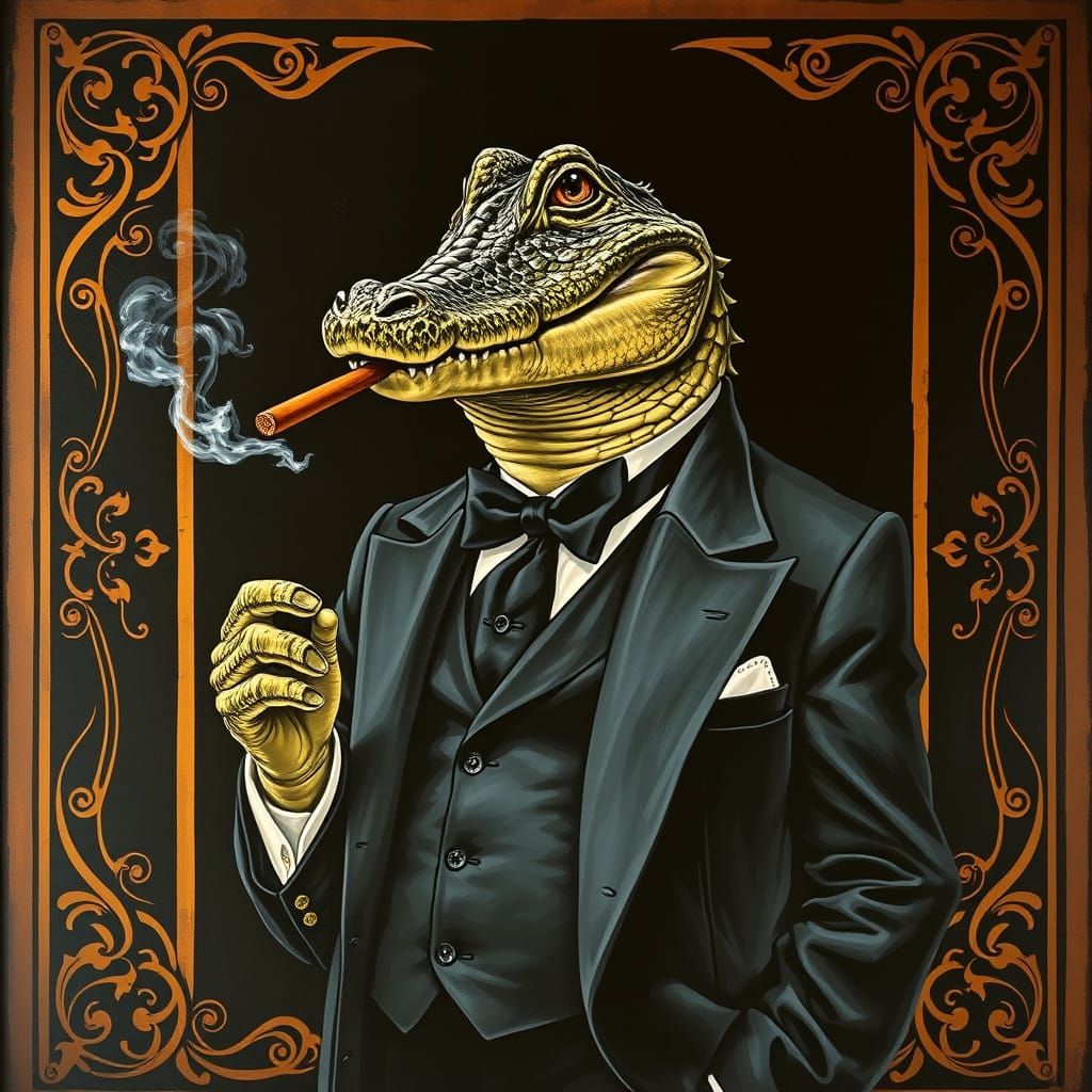Art nouveau border, alligator gangster wearing a three piece...