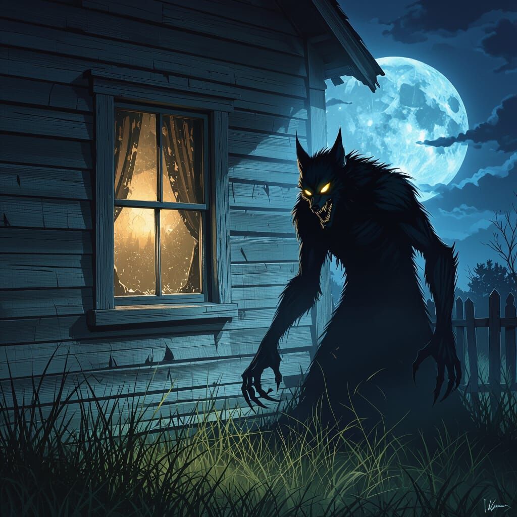 Skinwalker Shadow Lurking Outside Rustic House