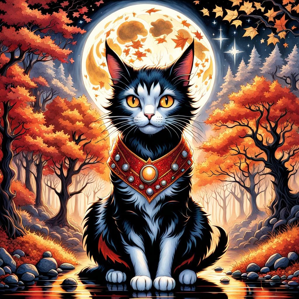 Gothic Cat in Autumnal Watercolor Landscape