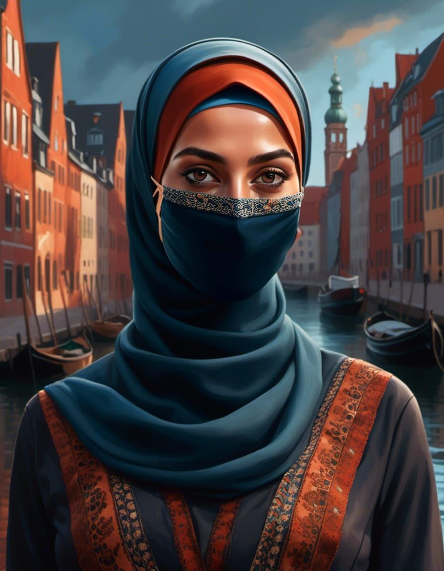 European Woman in Hijab and Mask, Oil Painting Style