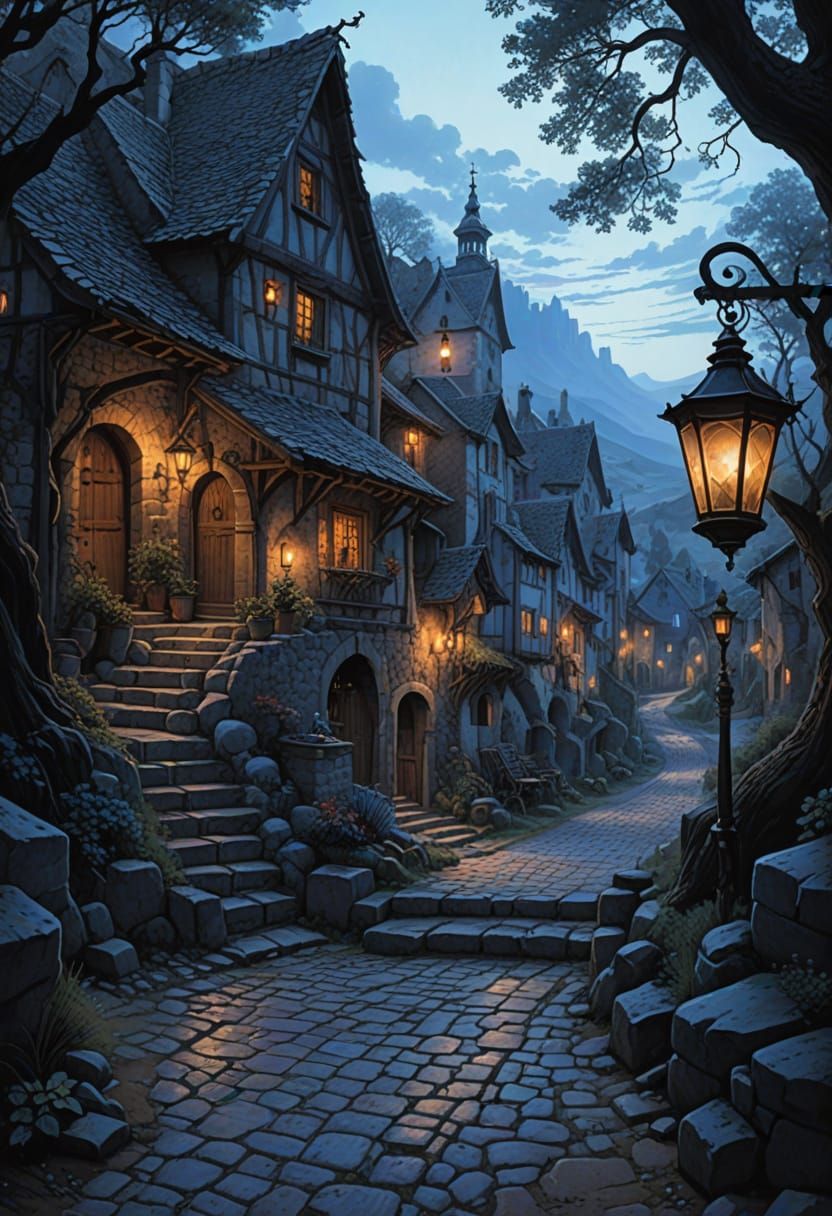 Whimsical Twilight Village in the Style of Boris Vallejo