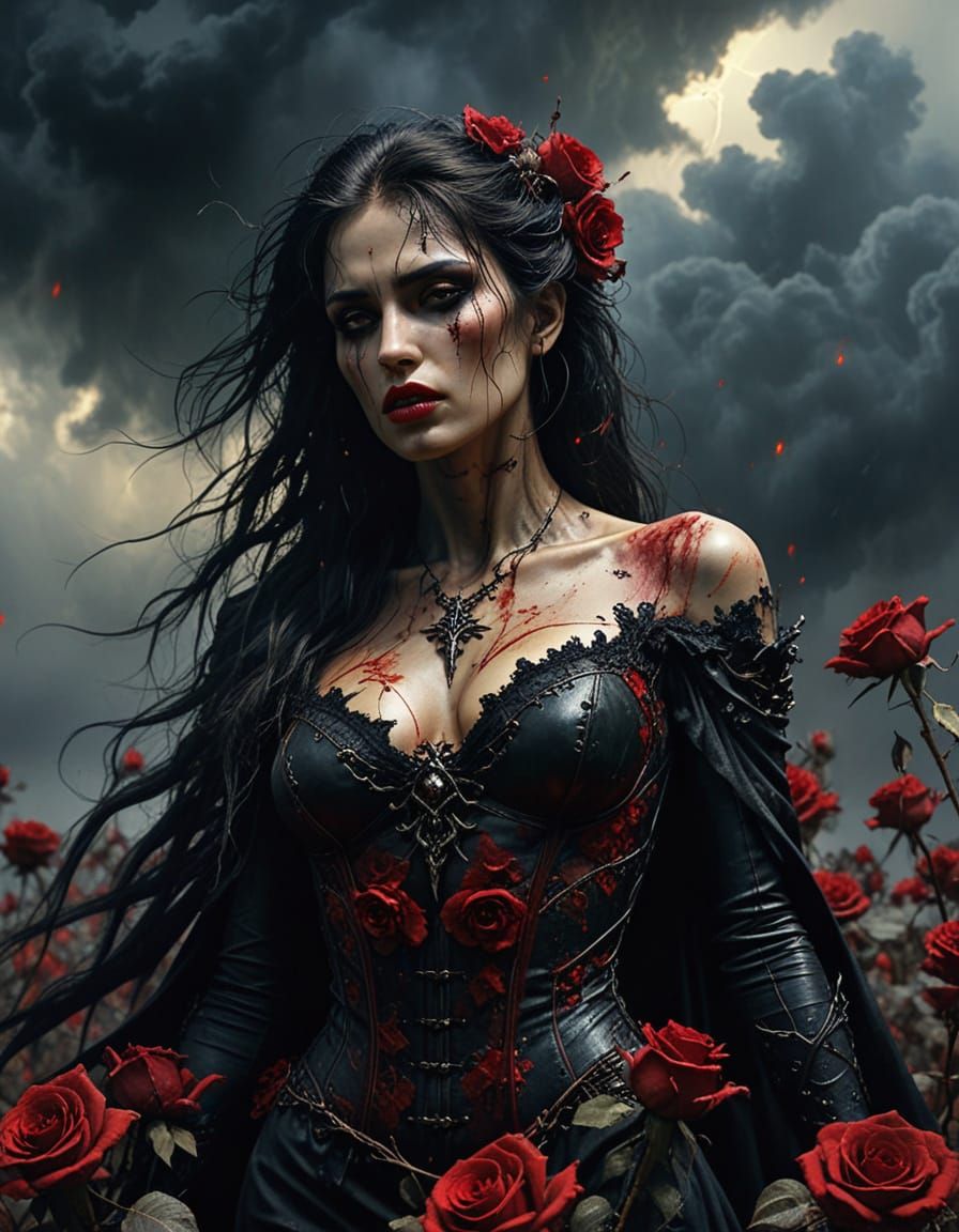 Melancholic Vampire Amidst Withered Roses