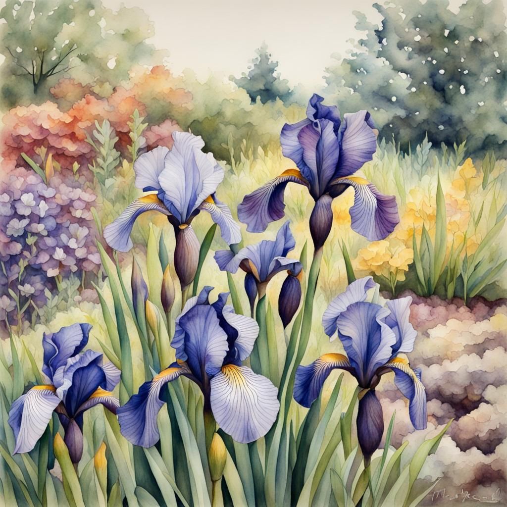 Blooming Irises in Watercolor Pastel Style