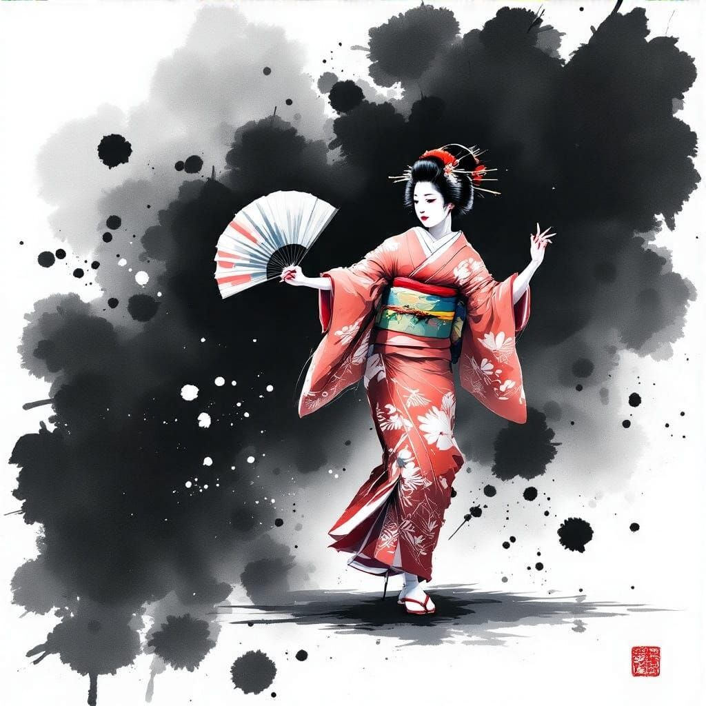 Geisha Shadow Dance in Expressive Ink Splatters