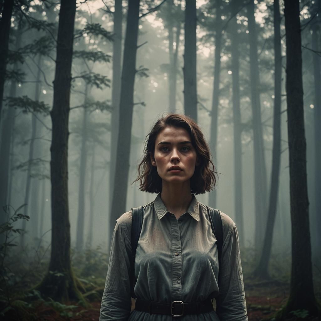 Mystical Woman in Moonlit Forest: Film Noir Portrait