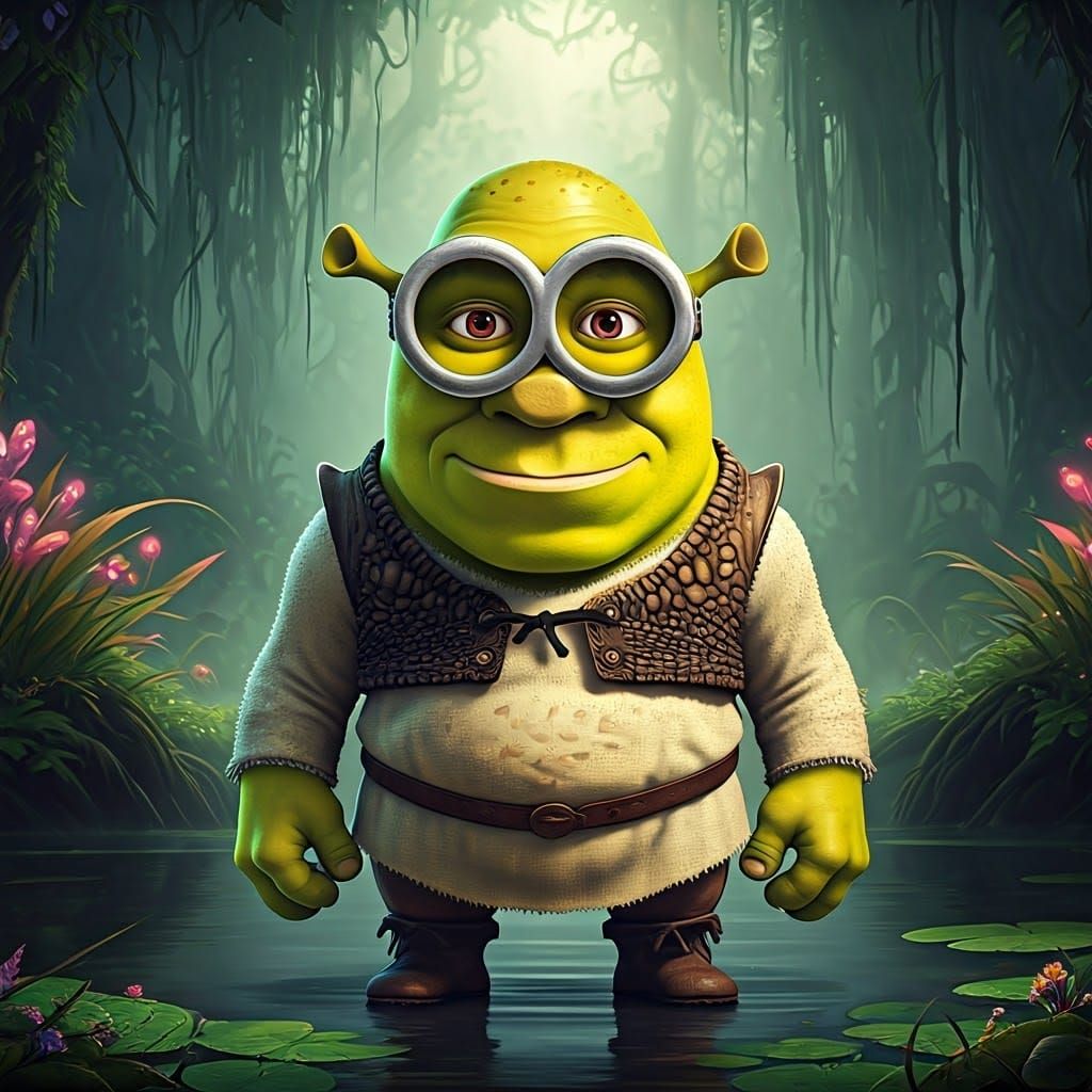 Shrek Minion Hybrid in a Fantastical Swamp