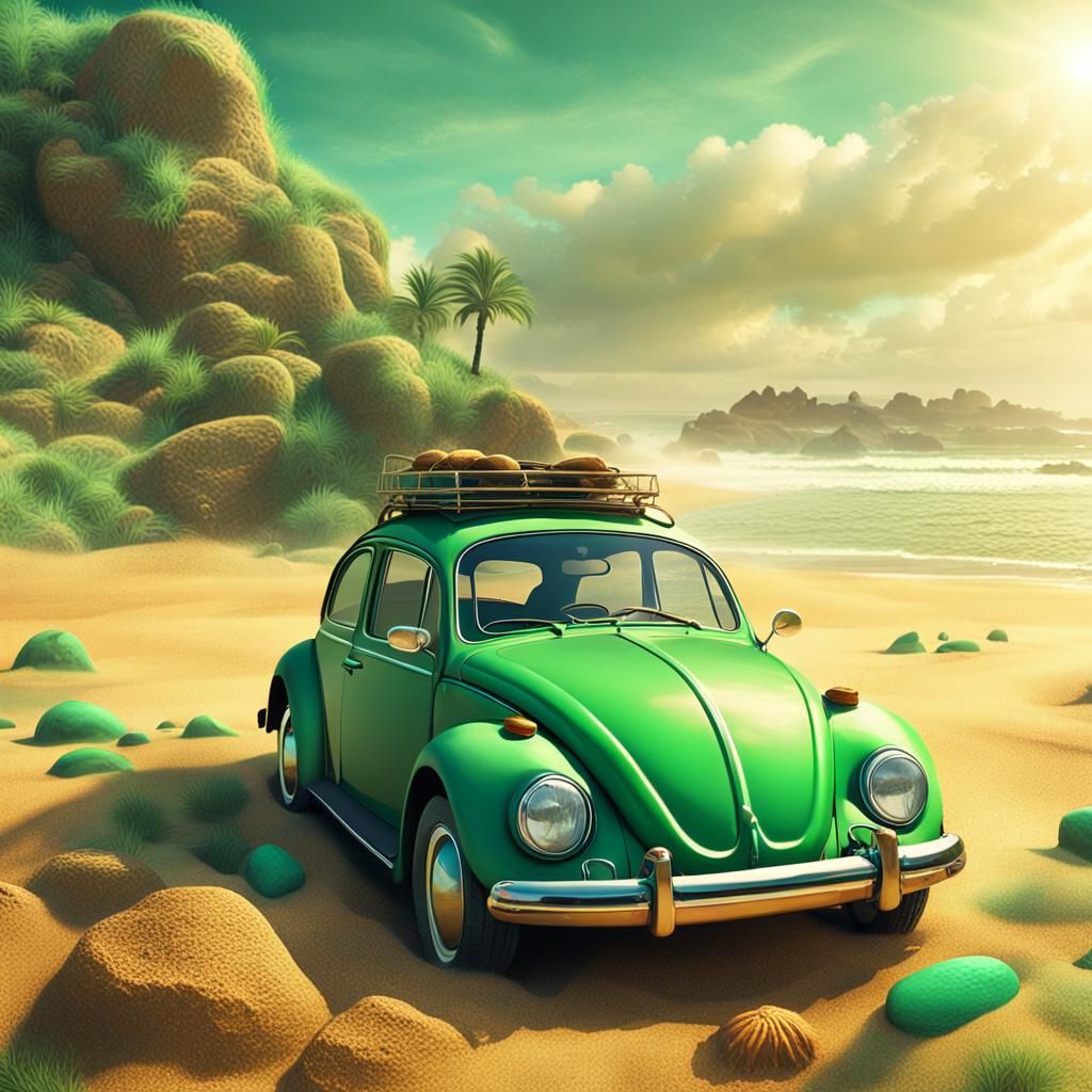 Green VW Beetle on Sunny Beach: Matte Painting