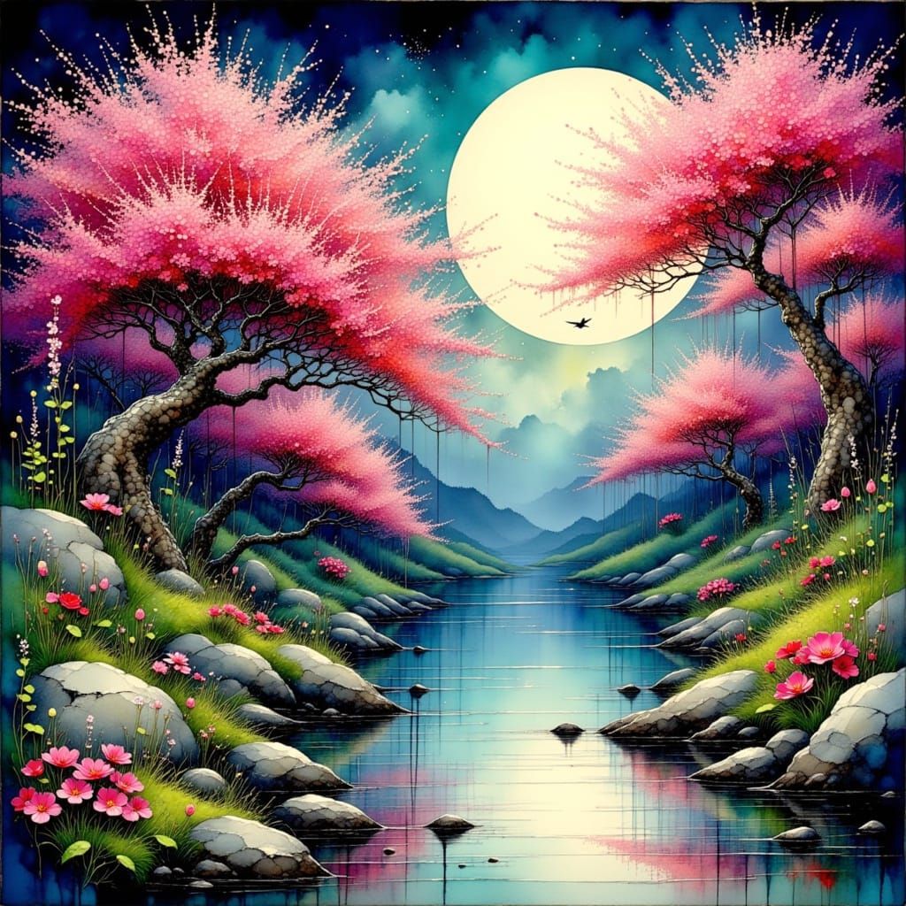 Japanese Landscape with Sakura Trees and Full Moon