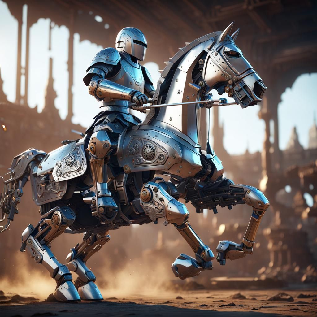 Fantasy Knight Jousting on Mechanical Horse in Sci-Fi Style