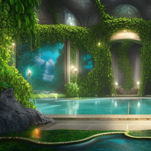 Diamond Swimming Pool Behind Vines: Fantasy Concept Art